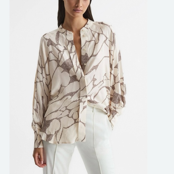 Reiss Harri abstract leopard motif Printed Shirt in Cream/Brown Size US 6 - Picture 1 of 10